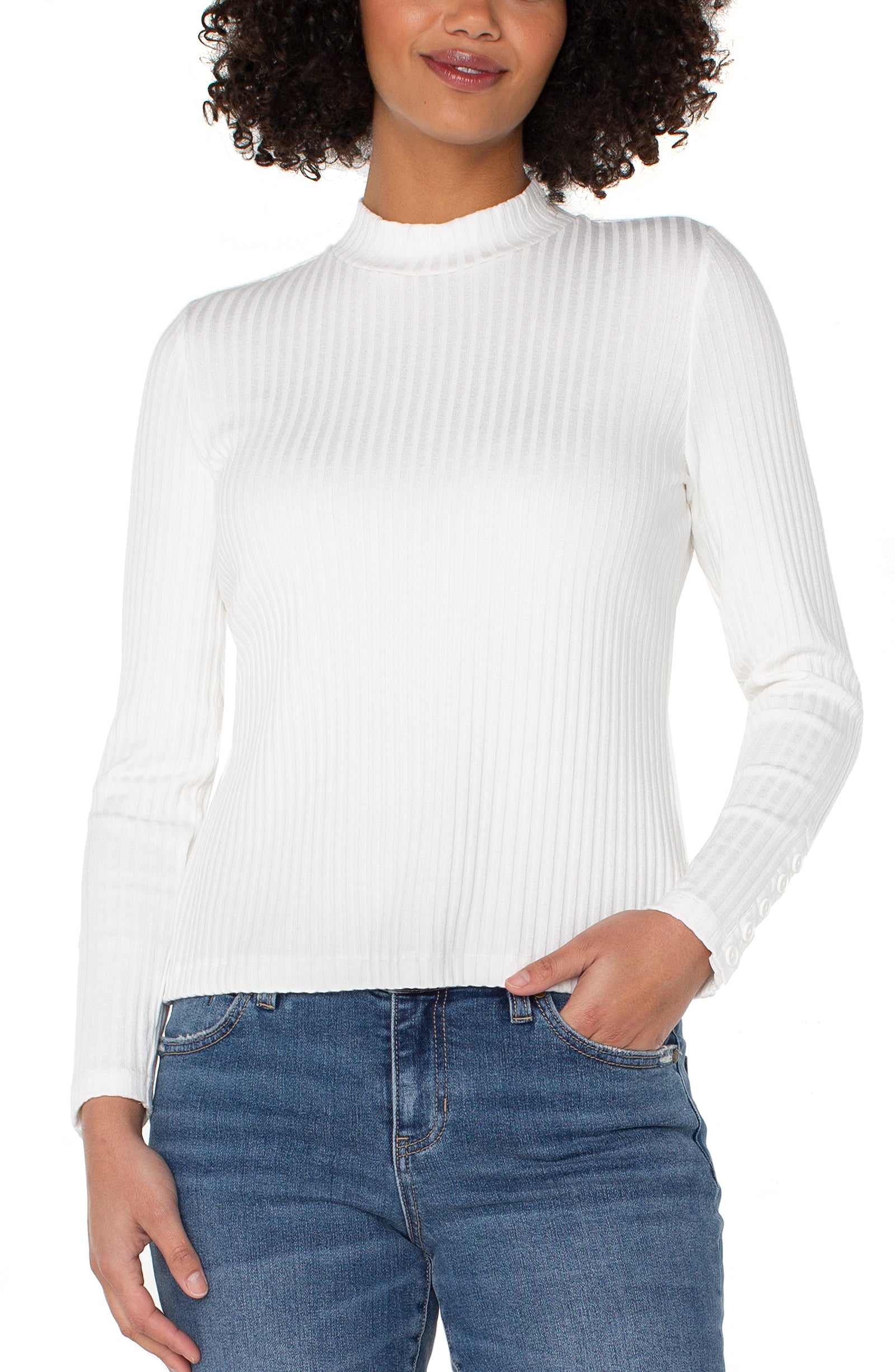 Long Sleeve Mock Neck Knit Top W/ Button Detail at Ooh La La! in Grapevine TX 76051