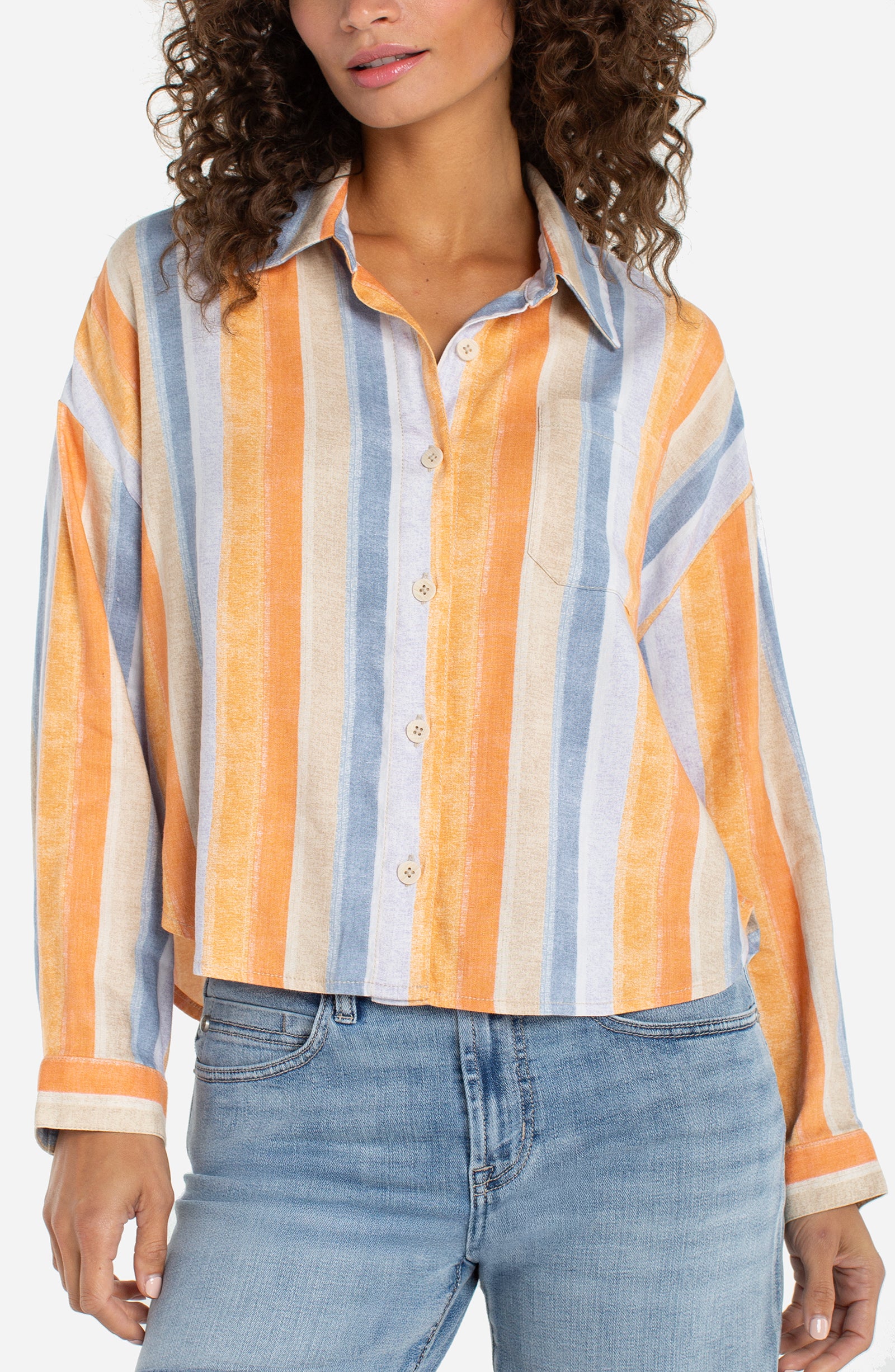 Liverpool button down, striped long sleeve shirt, women's stretch woven shirt, multi-stripe blouse, professional casual top, linen-look shirt, relaxed fit button up, LM8K43MLP30.
ooh la la! in Grapevine TX 76051