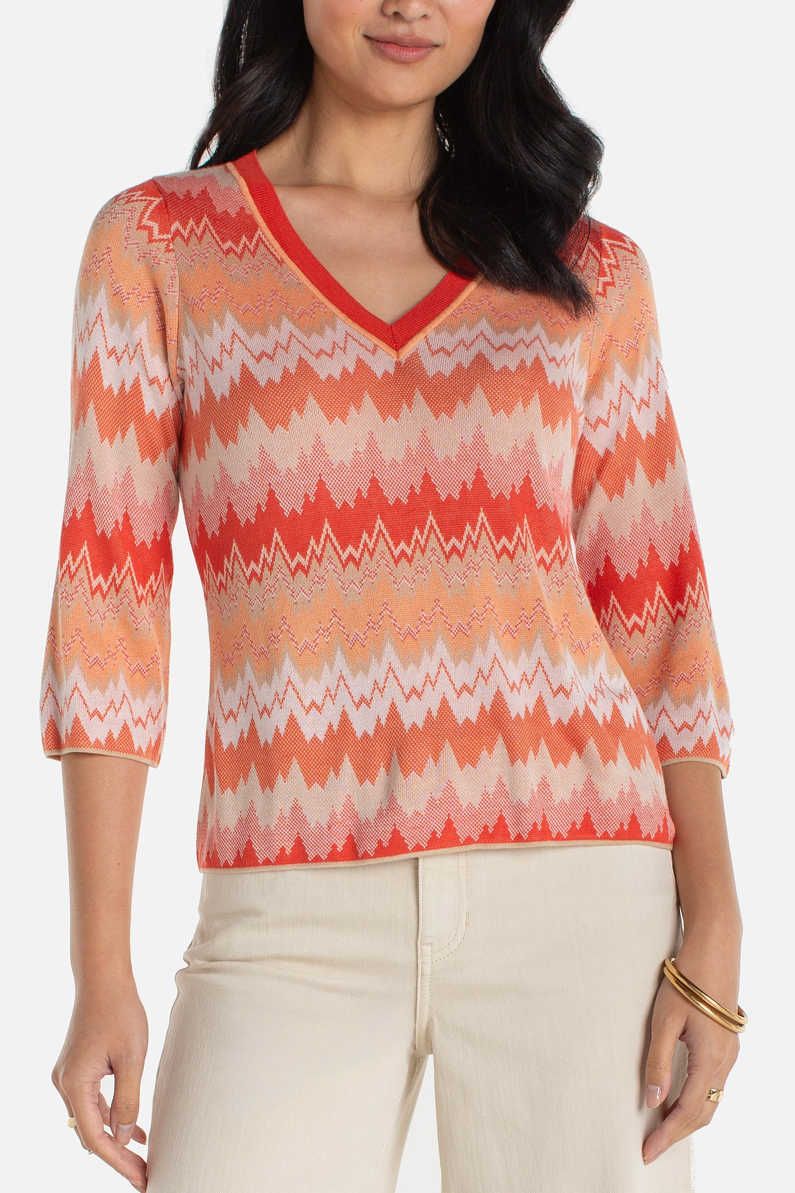 Liverpool 3/4 Sleeve V Neck Chevron Sweater at ooh la la! in Grapevine TX 76051