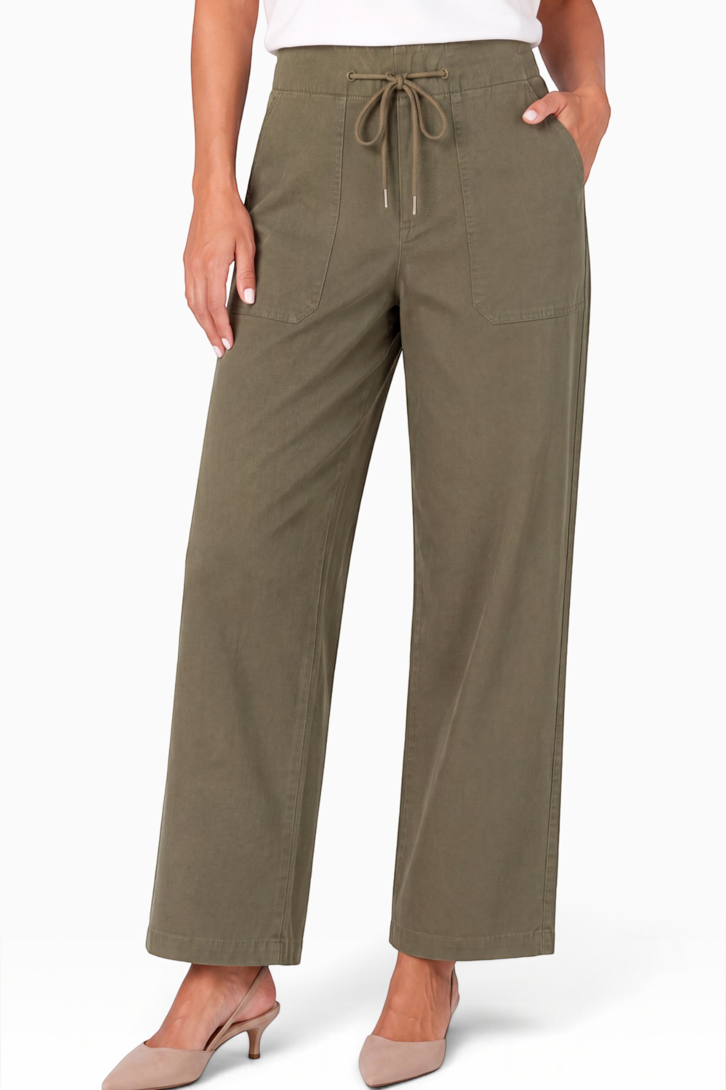 Liverpool High Rise Crop Trouser with Drawstring in Olive Green at ooh la la! in Grapevine TX 76051