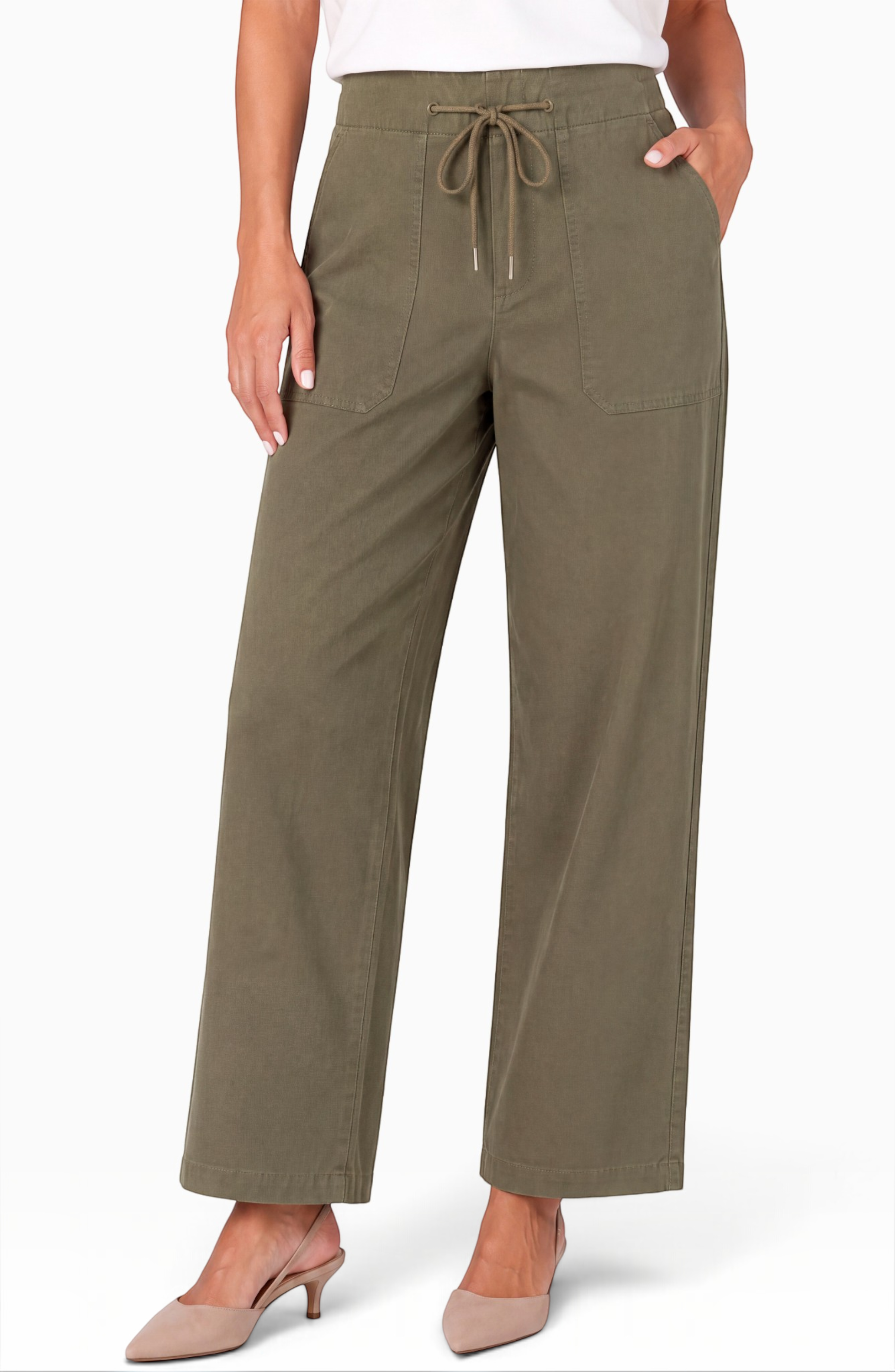 Liverpool High Rise Crop Trouser with Drawstring in Olive Green at ooh la la! in Grapevine TX 76051