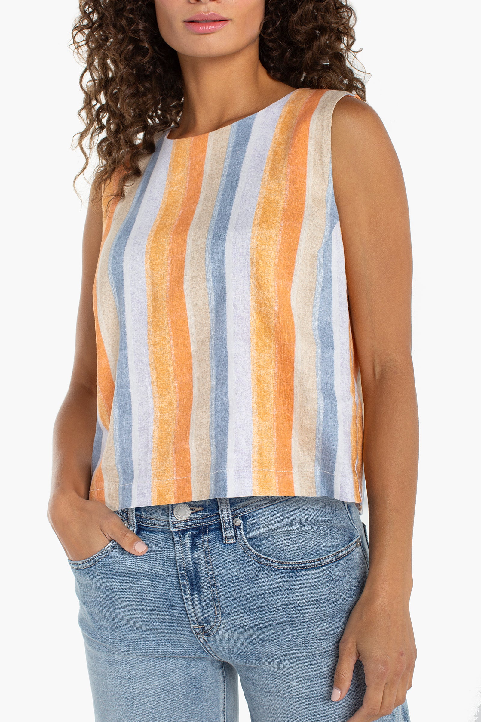 Liverpool Los Angeles, striped shell top, sleeveless blouse, linen look top, stretch woven top, women's summer fashion, button back top, coastal style, LM8K44MLP30, breathable summer shirt.
ooh la la! in Grapevine TX 76051