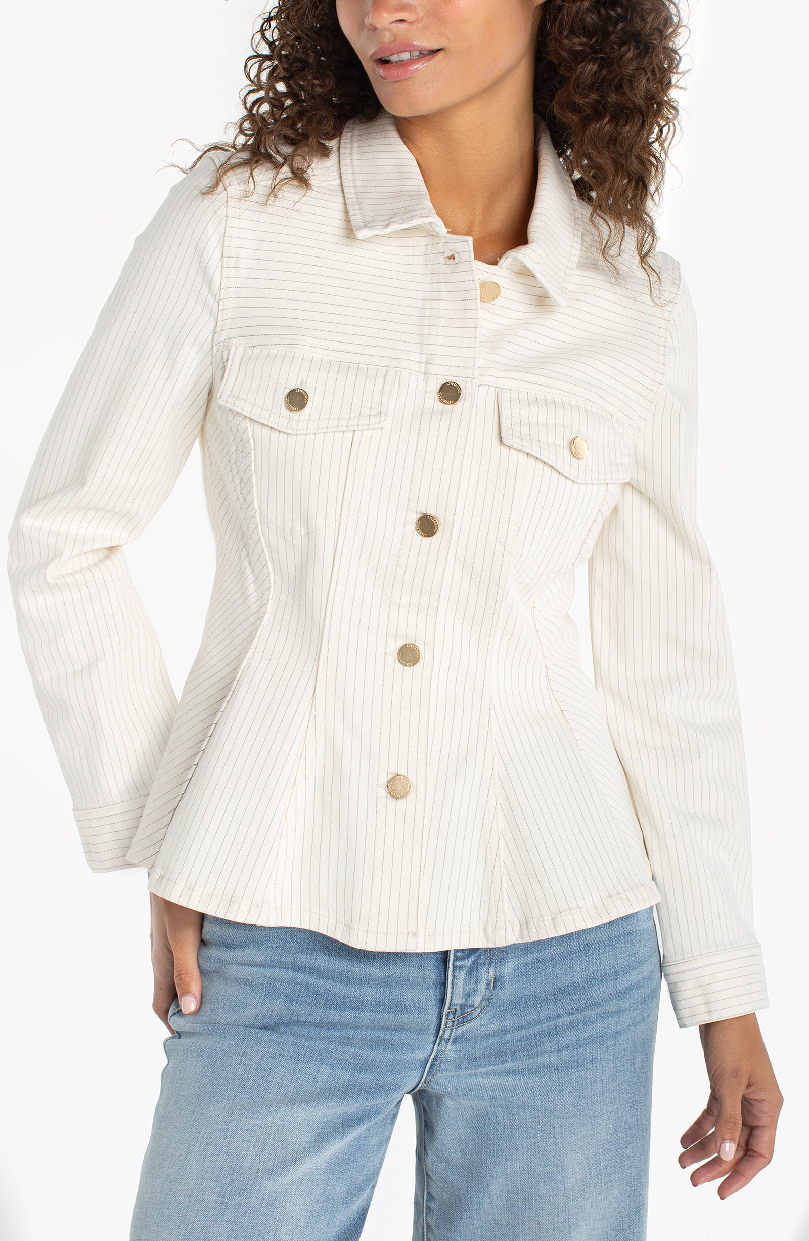 Liverpool Los Angeles jacket, fit and flare trucker, nautical stripe jacket, peplum denim jacket, women's designer outerwear, striped denim trucker, feminine denim jacket, Liverpool trucker jacket.
ooh la la! in Grapevine TX 76051