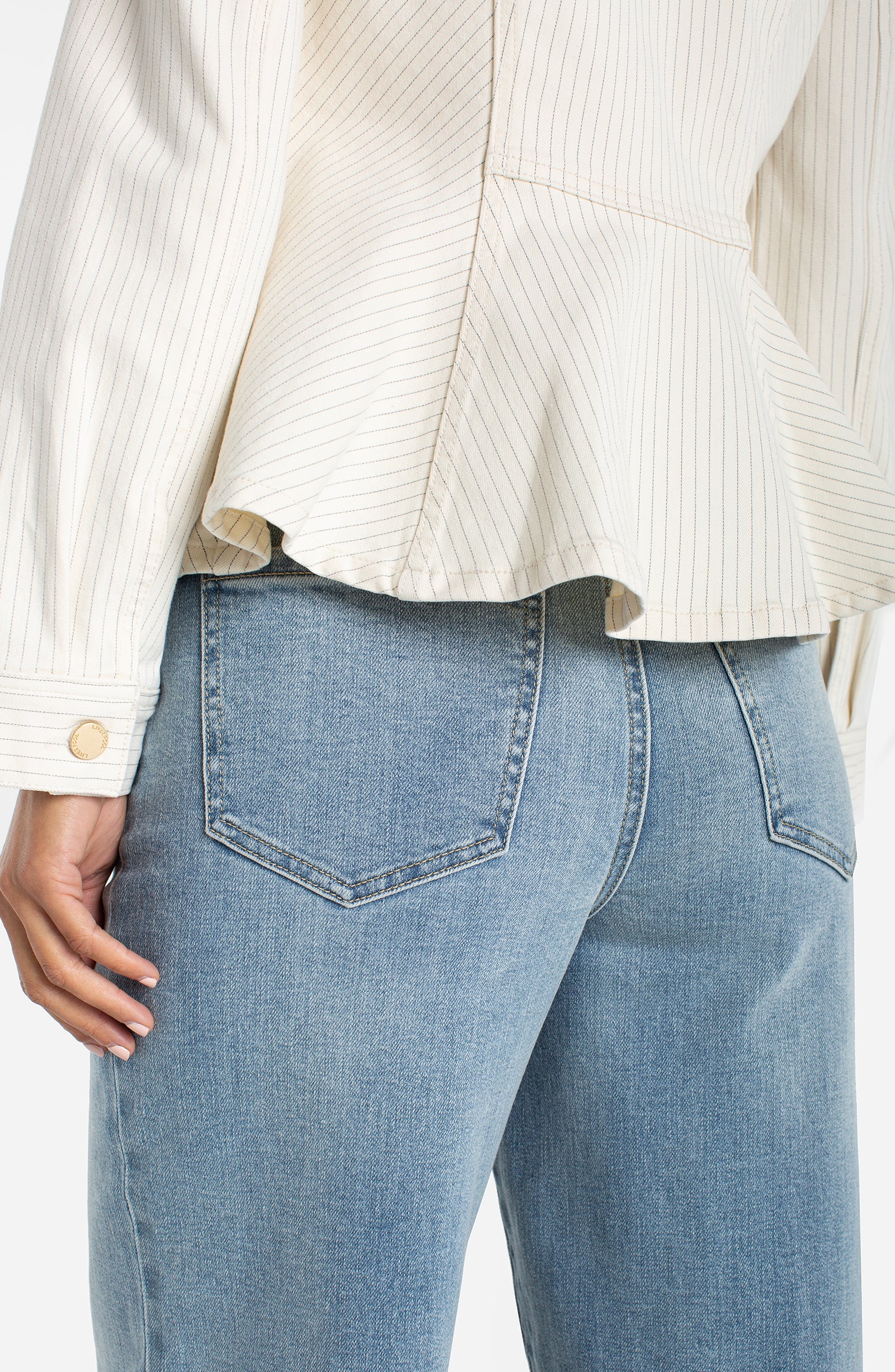 Liverpool Los Angeles jacket, fit and flare trucker, nautical stripe jacket, peplum denim jacket, women's designer outerwear, striped denim trucker, feminine denim jacket, Liverpool trucker jacket.
ooh la la! in Grapevine TX 76051