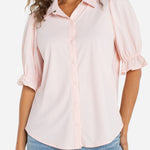 Liverpool Elbow Puff Sleeve Snap Front Shirt in light pink at Ooh La La! in Grapevine TX 76051