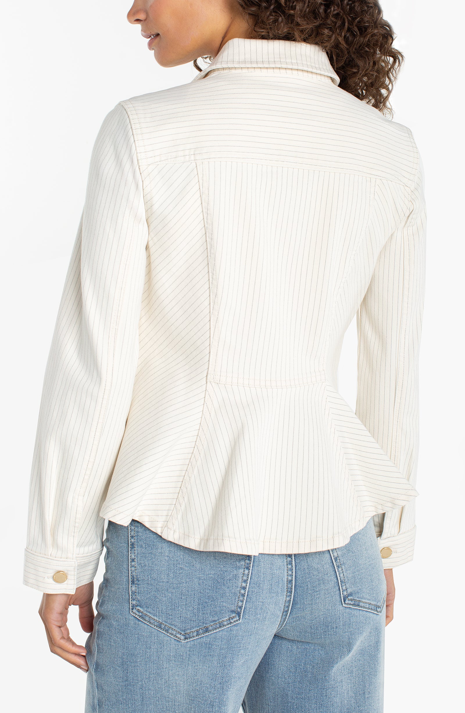 Liverpool Los Angeles jacket, fit and flare trucker, nautical stripe jacket, peplum denim jacket, women's designer outerwear, striped denim trucker, feminine denim jacket, Liverpool trucker jacket.
ooh la la! in Grapevine TX 76051