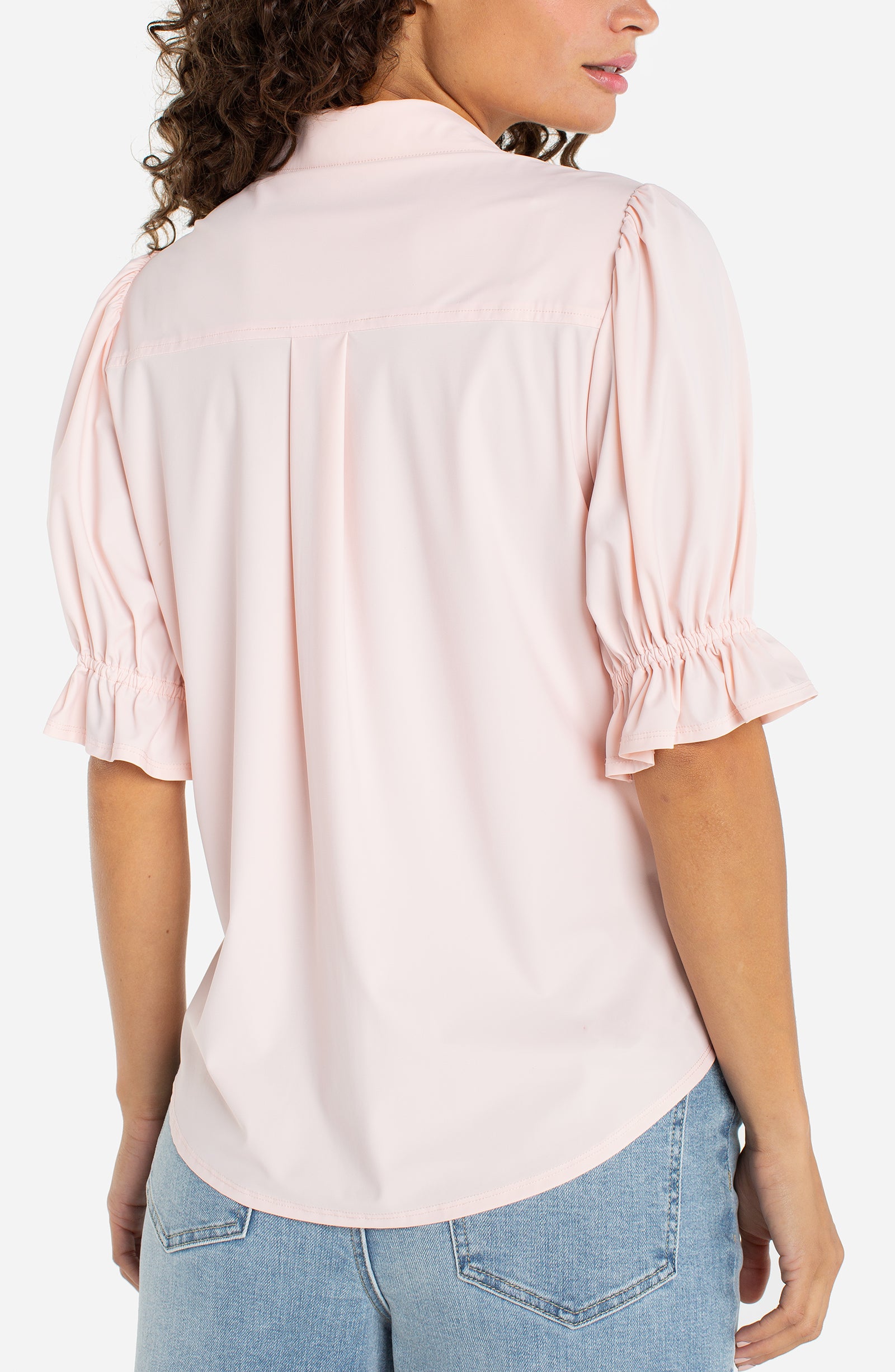 Liverpool Elbow Puff Sleeve Snap Front Shirt in light pink at Ooh La La! in Grapevine TX 76051