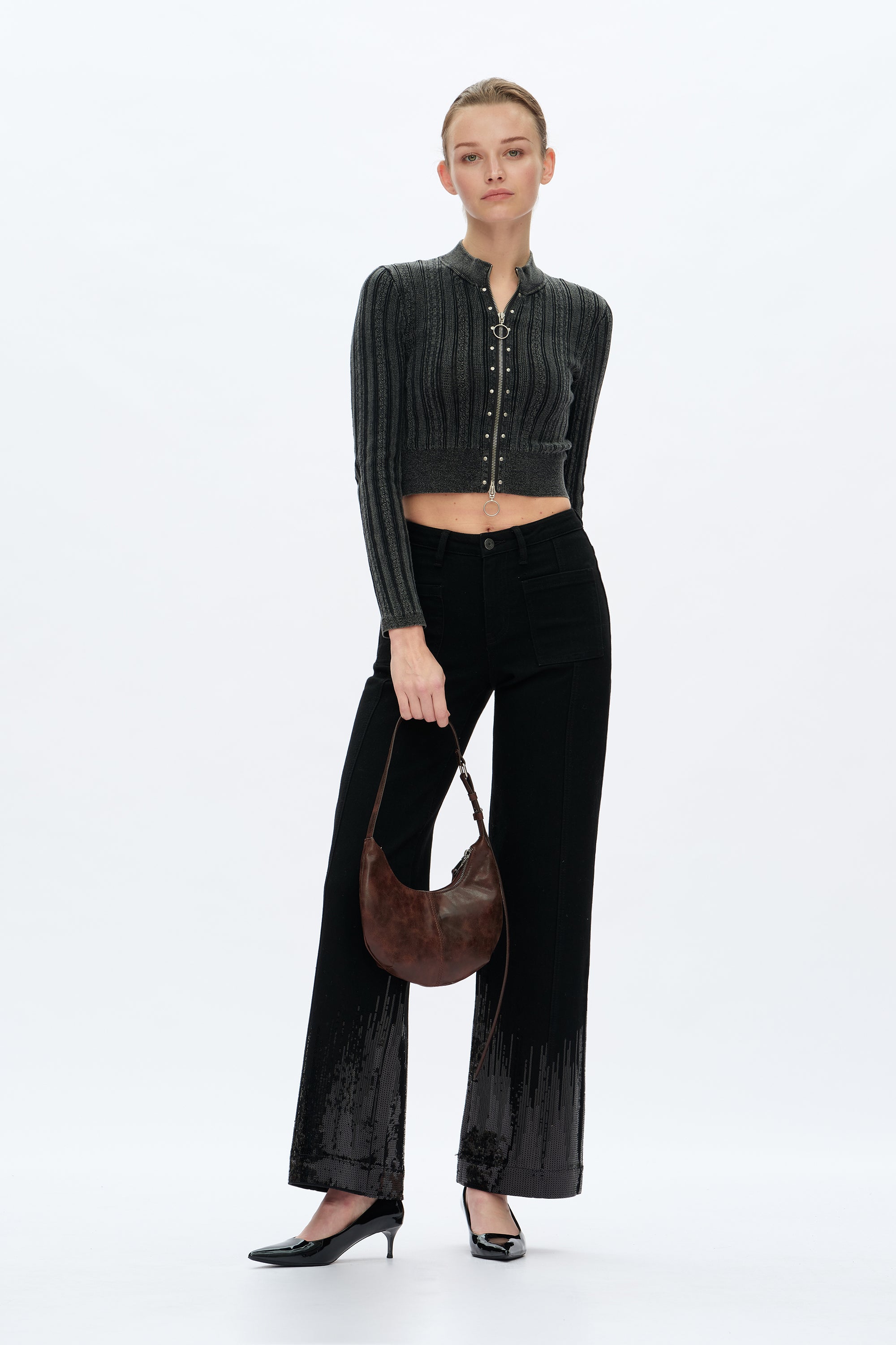Mid Rise Sequin Wide Leg Jeans in black at ooh la la! in Grapevine TX 76051