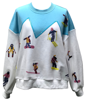 Queen of Sparkles White/Blue Skiers on Mountain Sweatshirt at ooh la la! in Grapevine TX 76051