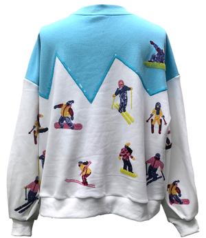 Queen of Sparkles White/Blue Skiers on Mountain Sweatshirt at ooh la la! in Grapevine TX 76051