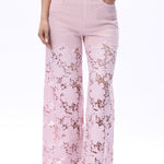 Lavender pink Wide leg jeans, floral lace denim, rhinestone jeans, high rise wide leg, pastel yellow jeans, pink lace jeans, statement denim, women’s high stretch jeans. at ooh la la! in Grapevine TX 76051