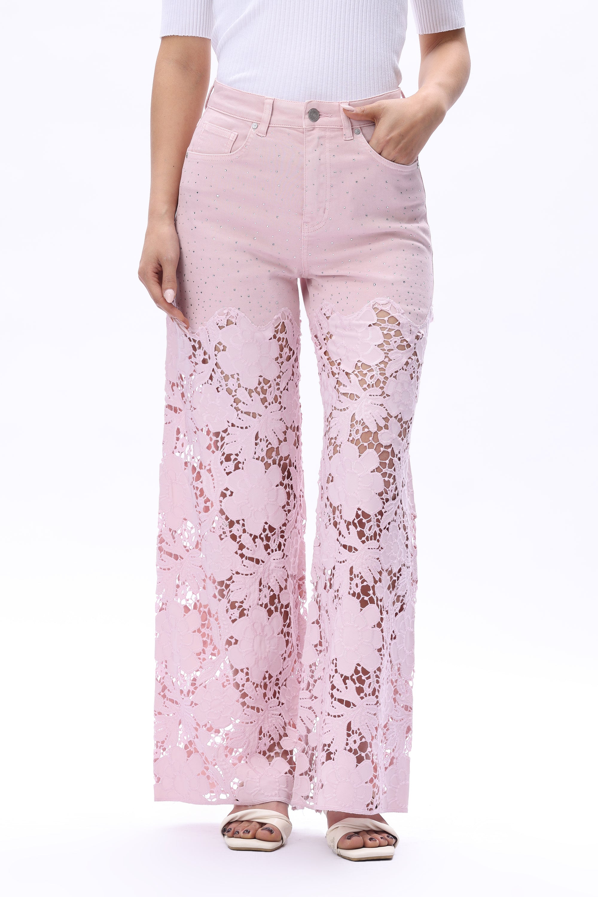 Lavender pink Wide leg jeans, floral lace denim, rhinestone jeans, high rise wide leg, pastel yellow jeans, pink lace jeans, statement denim, women’s high stretch jeans. at ooh la la! in Grapevine TX 76051