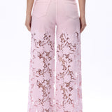 Lavender pink Wide leg jeans, floral lace denim, rhinestone jeans, high rise wide leg, pastel yellow jeans, pink lace jeans, statement denim, women’s high stretch jeans. at ooh la la! in Grapevine TX 76051