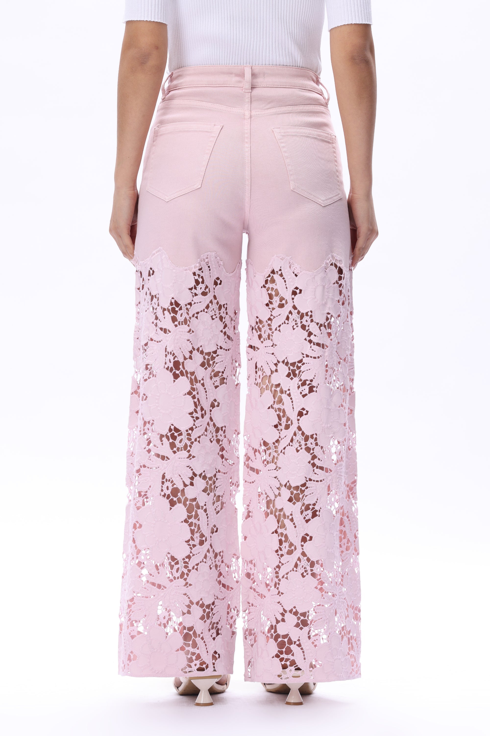 Lavender pink Wide leg jeans, floral lace denim, rhinestone jeans, high rise wide leg, pastel yellow jeans, pink lace jeans, statement denim, women’s high stretch jeans. at ooh la la! in Grapevine TX 76051