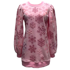 Queen of Sparkles Pink Iridescent Snowflakes Poof Sleeve Sweatshirt Dress at ooh la la! in Grapevine TX 76051