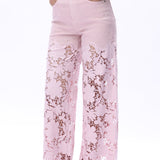 Lavender pink Wide leg jeans, floral lace denim, rhinestone jeans, high rise wide leg, pastel yellow jeans, pink lace jeans, statement denim, women’s high stretch jeans. at ooh la la! in Grapevine TX 76051