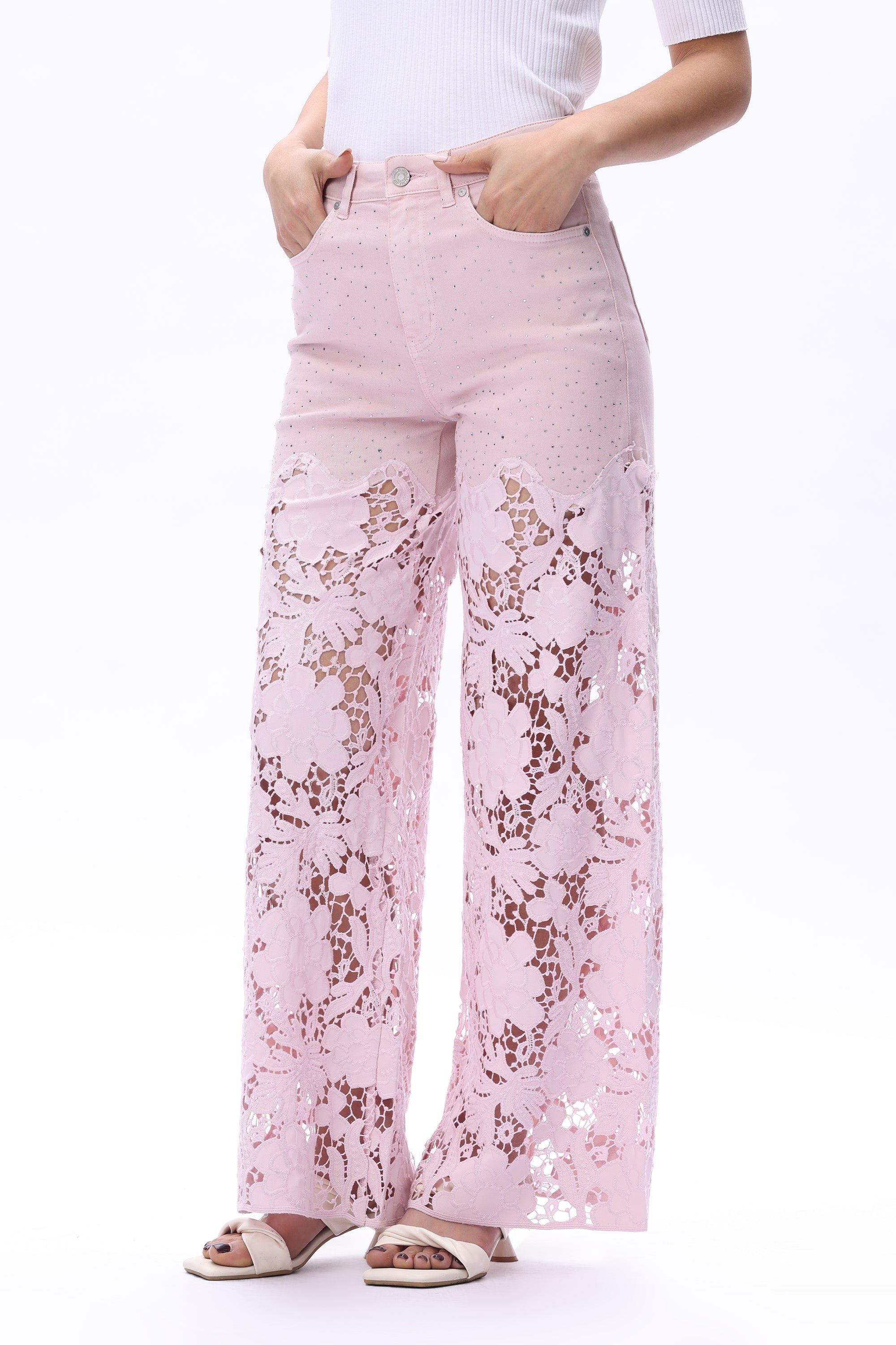 Lavender pink Wide leg jeans, floral lace denim, rhinestone jeans, high rise wide leg, pastel yellow jeans, pink lace jeans, statement denim, women’s high stretch jeans. at ooh la la! in Grapevine TX 76051