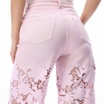 Lavender pink Wide leg jeans, floral lace denim, rhinestone jeans, high rise wide leg, pastel yellow jeans, pink lace jeans, statement denim, women’s high stretch jeans. at ooh la la! in Grapevine TX 76051