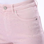 Lavender pink Wide leg jeans, floral lace denim, rhinestone jeans, high rise wide leg, pastel yellow jeans, pink lace jeans, statement denim, women’s high stretch jeans. at ooh la la! in Grapevine TX 76051