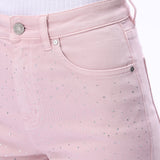 Lavender pink Wide leg jeans, floral lace denim, rhinestone jeans, high rise wide leg, pastel yellow jeans, pink lace jeans, statement denim, women’s high stretch jeans. at ooh la la! in Grapevine TX 76051