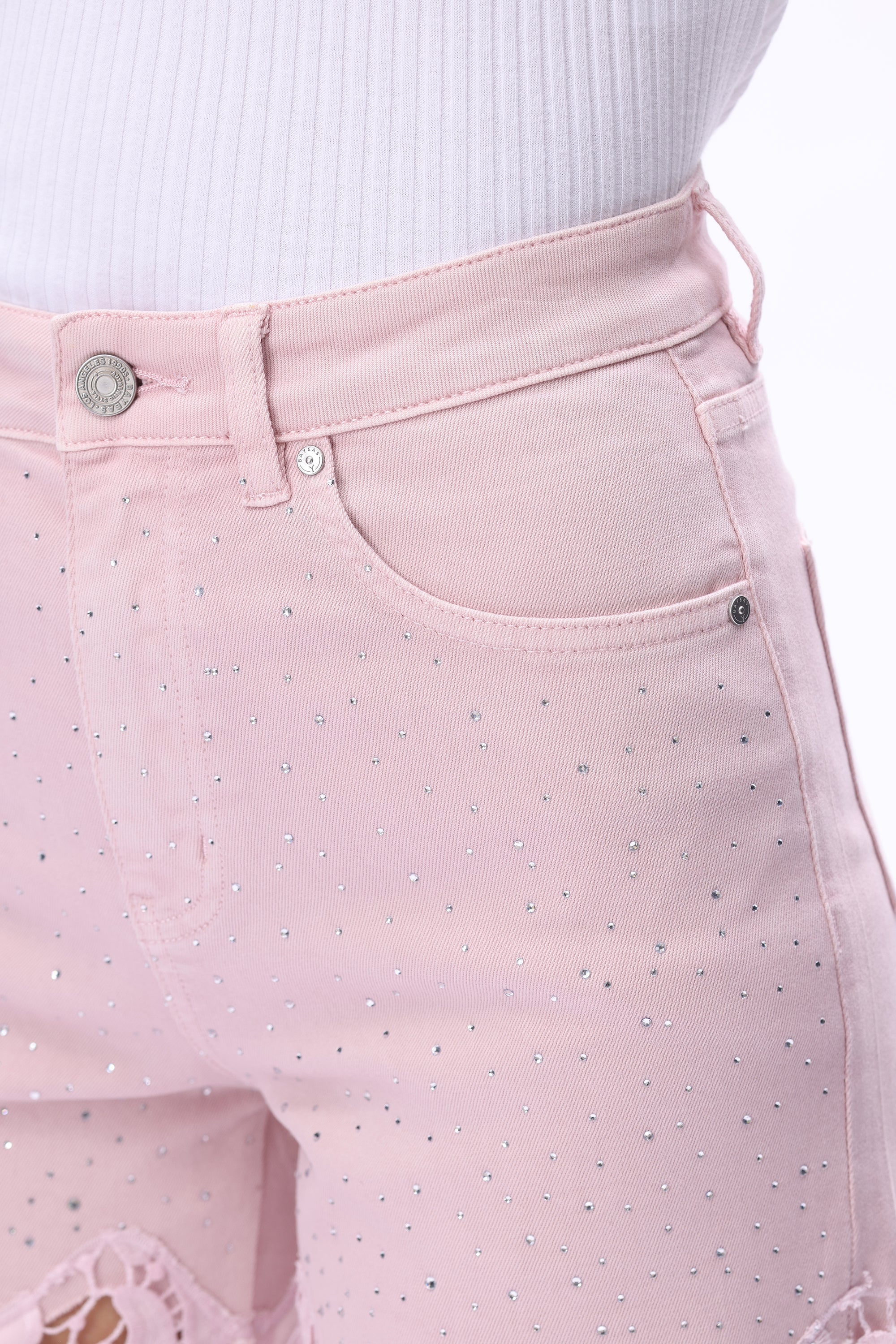 Lavender pink Wide leg jeans, floral lace denim, rhinestone jeans, high rise wide leg, pastel yellow jeans, pink lace jeans, statement denim, women’s high stretch jeans. at ooh la la! in Grapevine TX 76051