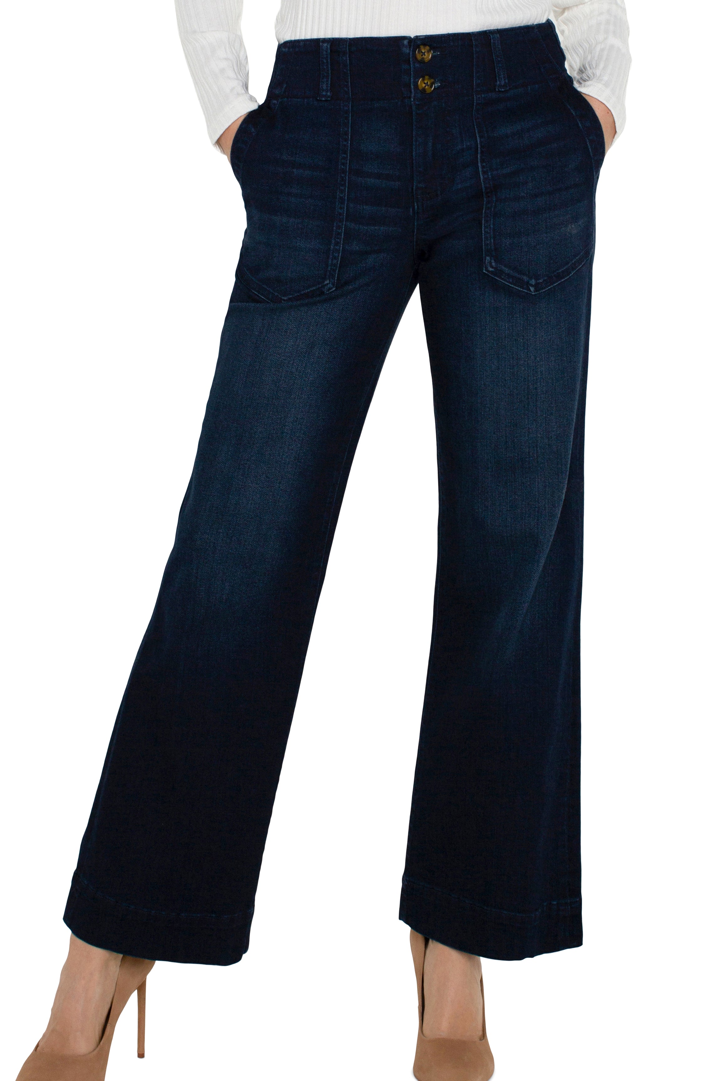 Liverpool Los Angeles, wide leg jeans, patch pocket denim, high rise wide leg, women's designer jeans, indigo wide leg, soft denim, modal cotton jeans, comfortable trousers at ooh la la! in Grapevine TX 76051