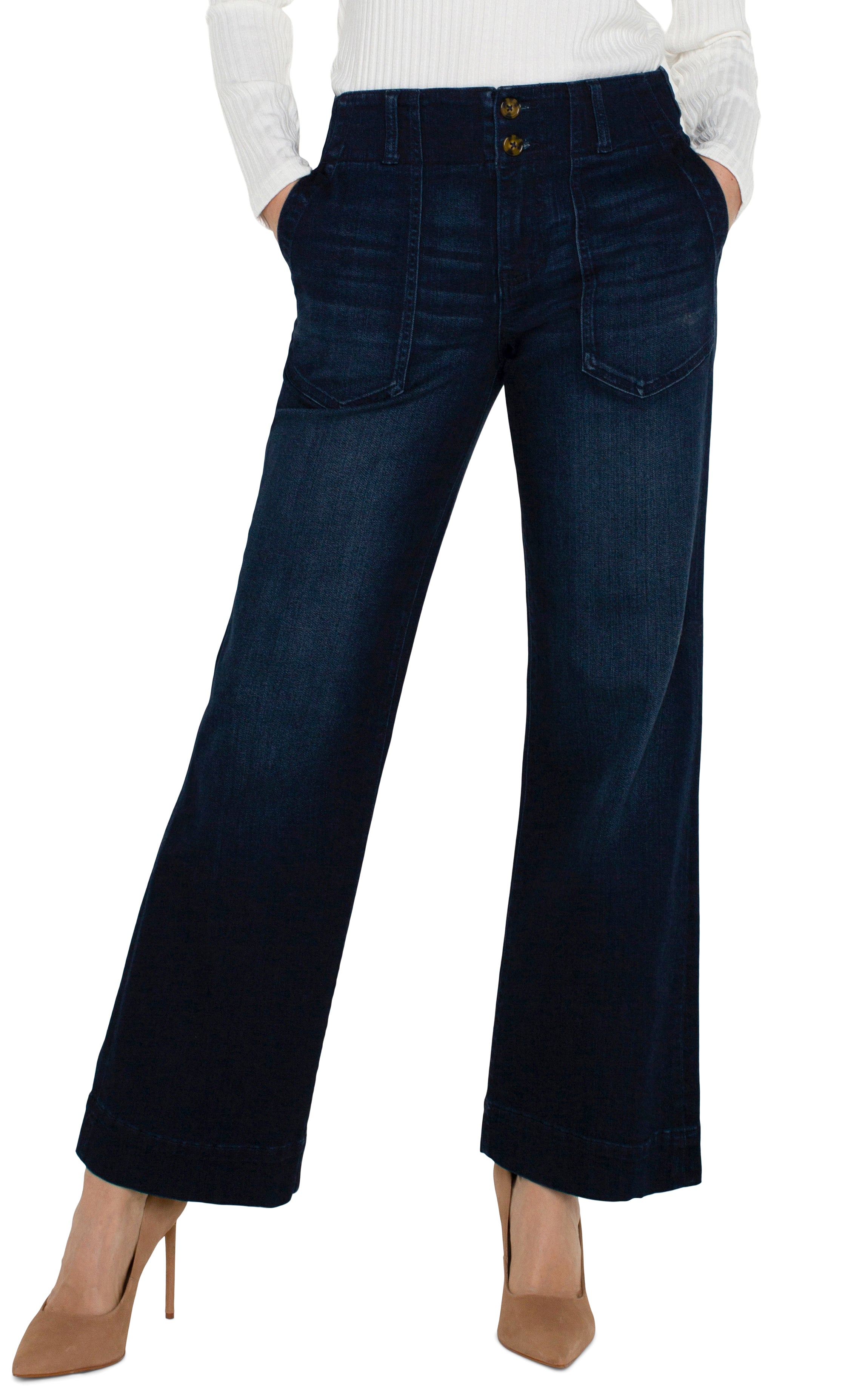 Liverpool Los Angeles, wide leg jeans, patch pocket denim, high rise wide leg, women's designer jeans, indigo wide leg, soft denim, modal cotton jeans, comfortable trousers at ooh la la! in Grapevine TX 76051