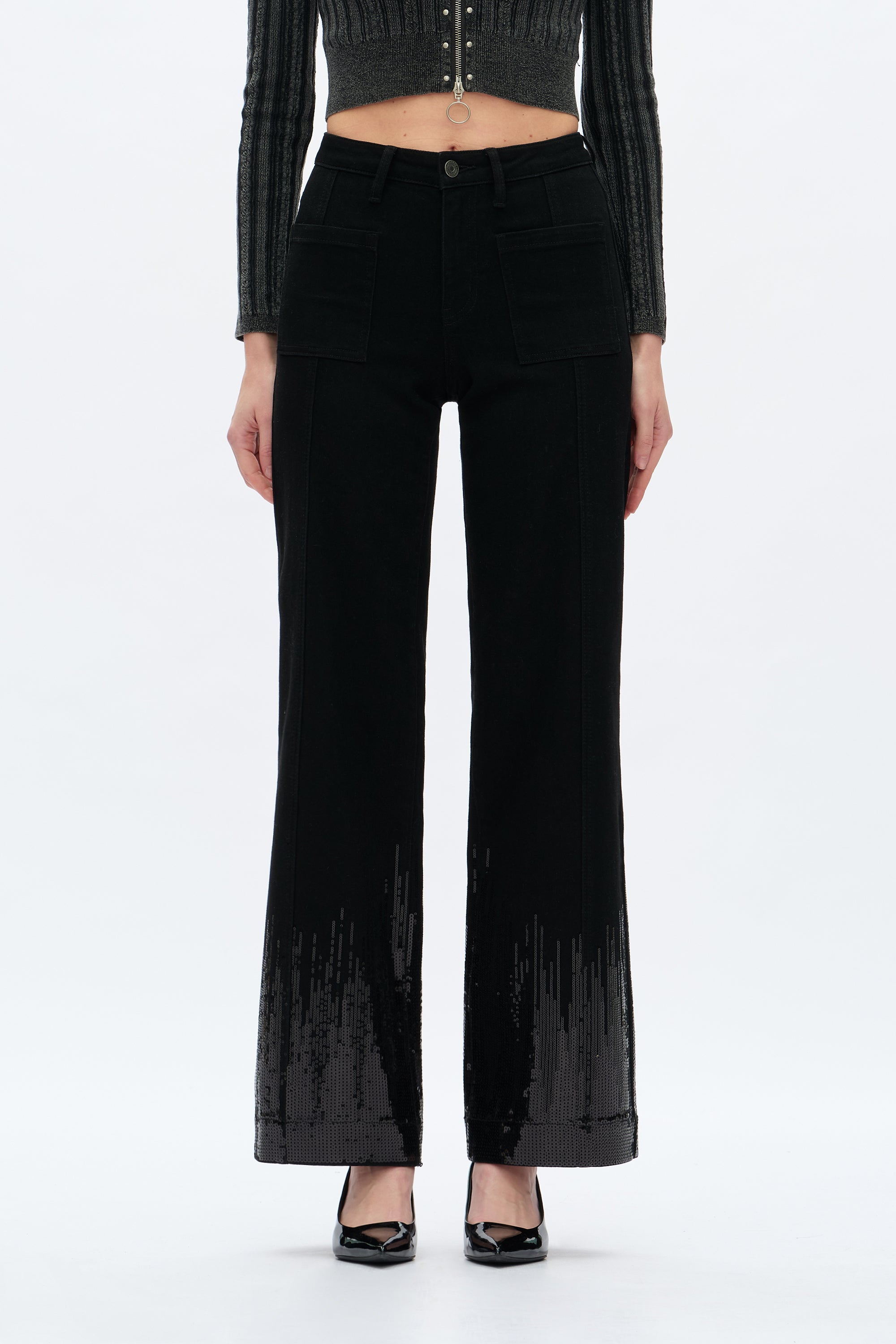 Mid Rise Sequin Wide Leg Jeans in black at ooh la la! in Grapevine TX 76051