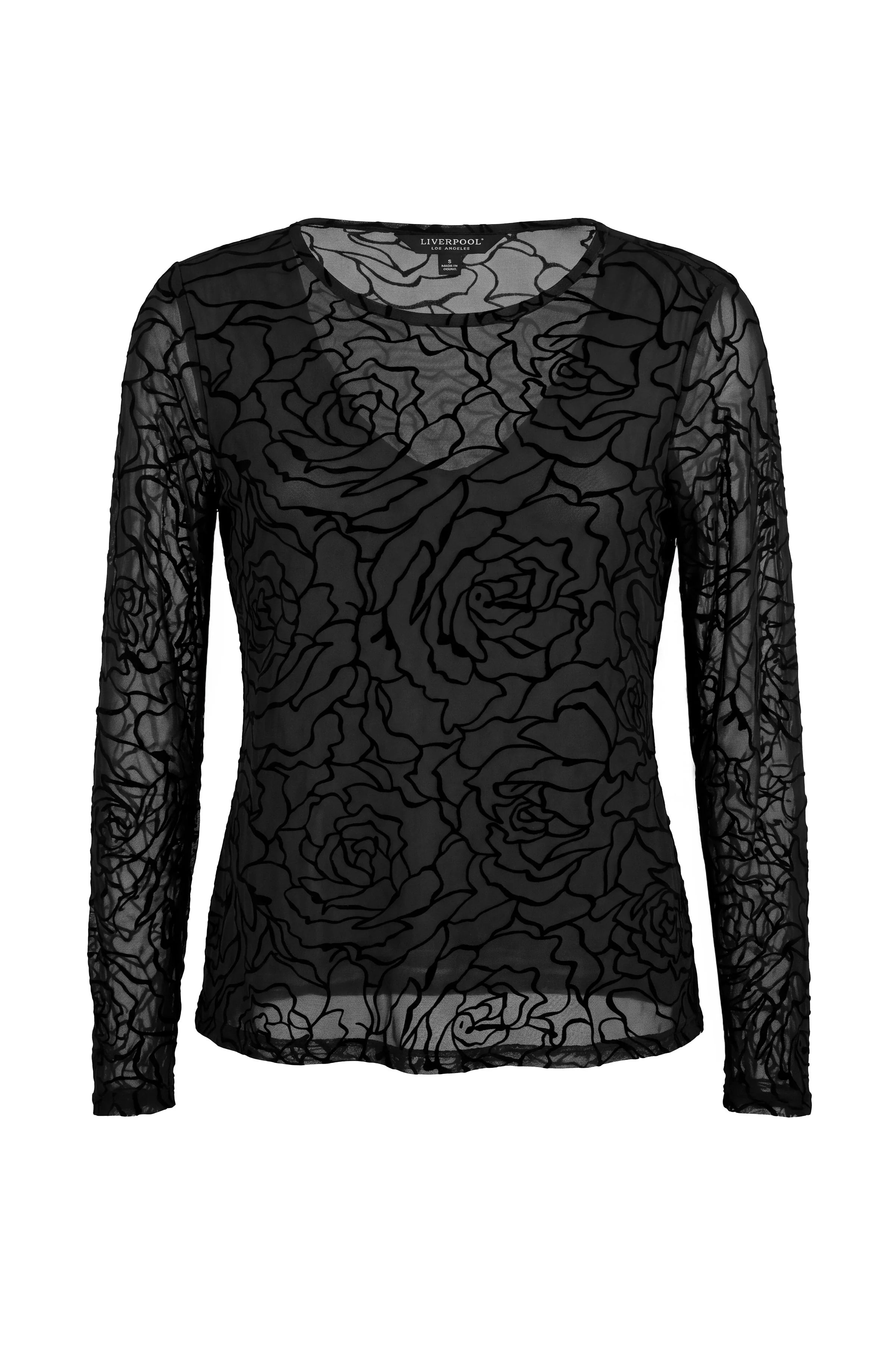 Liverpool Long Sleeve Layered Mesh Top in black at ooh la la! in Grapevine TX 76051