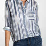 Liverpool Los Angeles, chambray shirt, striped button down, women's white stripe top, long sleeve work shirt, back seaming blouse, breathable cotton shirt, designer casual tops. at ooh la la! in Grapevine TX 76051