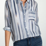 Liverpool Los Angeles, chambray shirt, striped button down, women's white stripe top, long sleeve work shirt, back seaming blouse, breathable cotton shirt, designer casual tops. at ooh la la! in Grapevine TX 76051