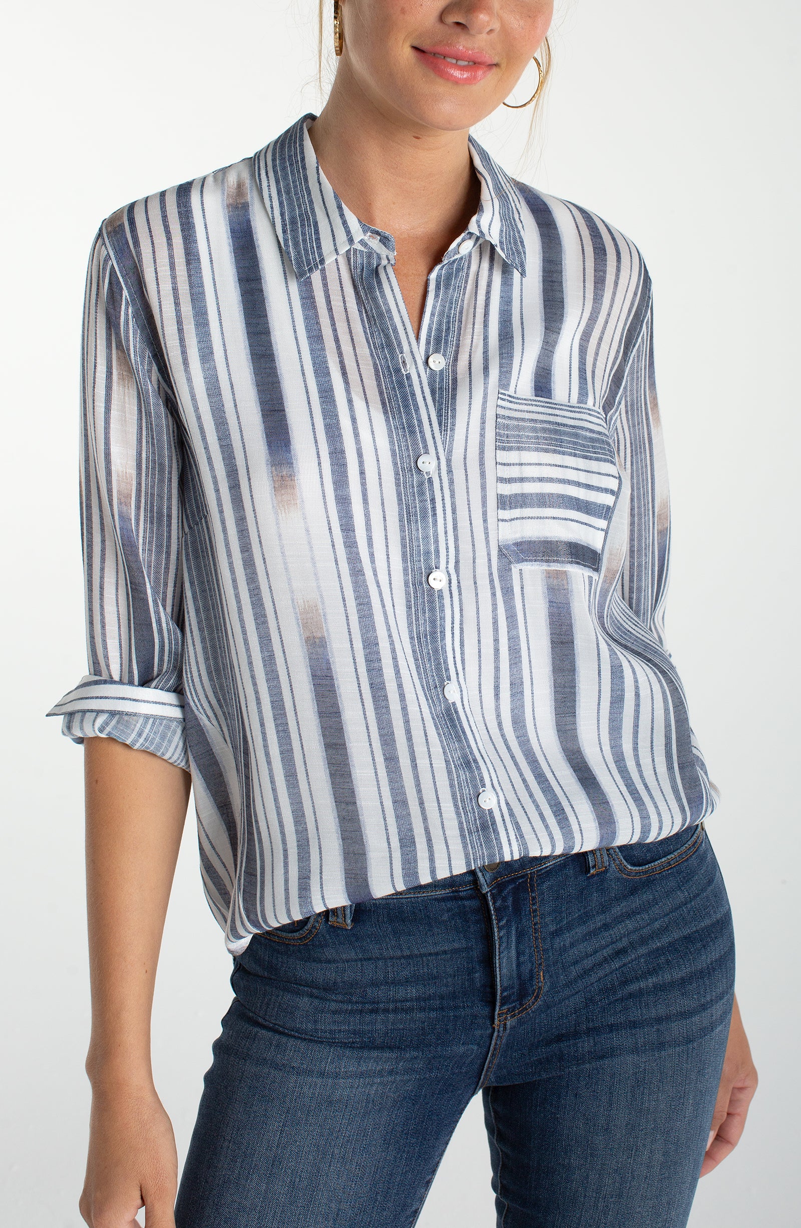 Liverpool Los Angeles, chambray shirt, striped button down, women's white stripe top, long sleeve work shirt, back seaming blouse, breathable cotton shirt, designer casual tops. at ooh la la! in Grapevine TX 76051