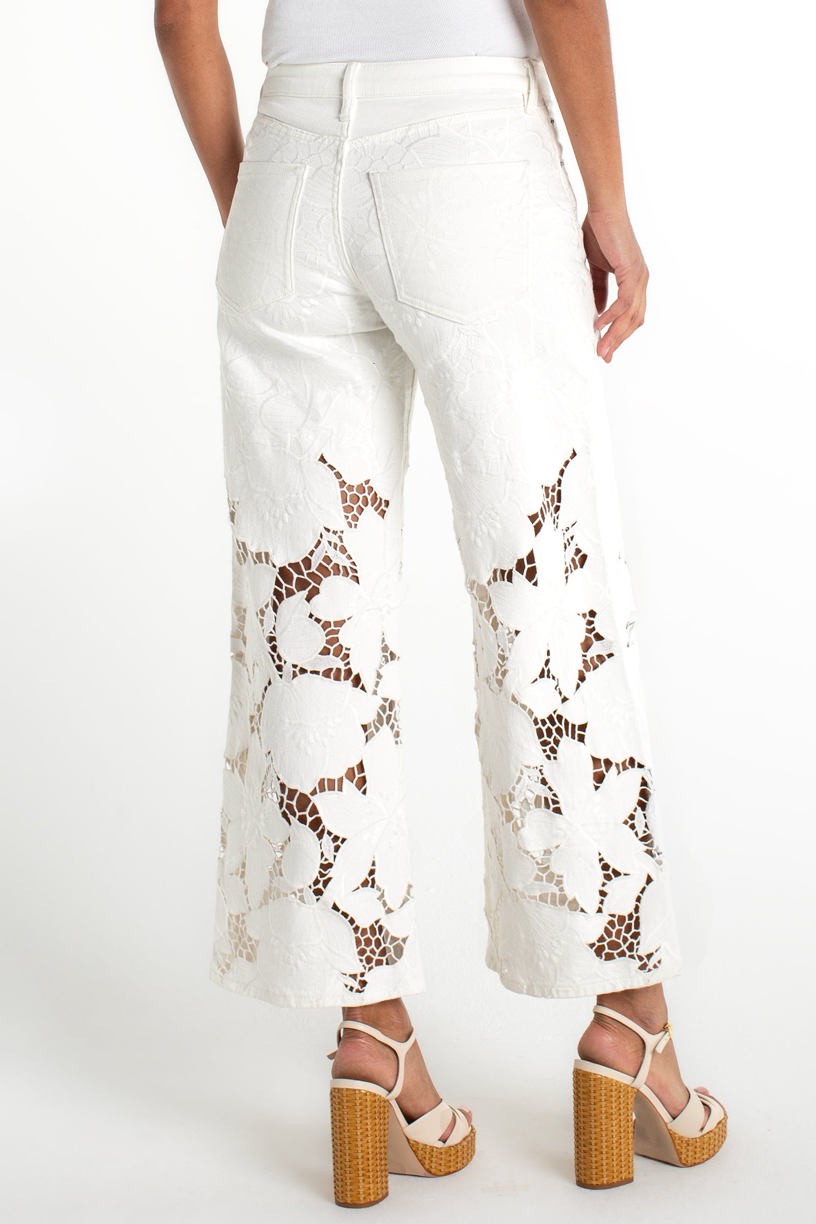 Liverpool Stride Wide Leg Jeans with Floral Cutwork- Ivory Bloom at ooh la la! in Grapevine TX 76051