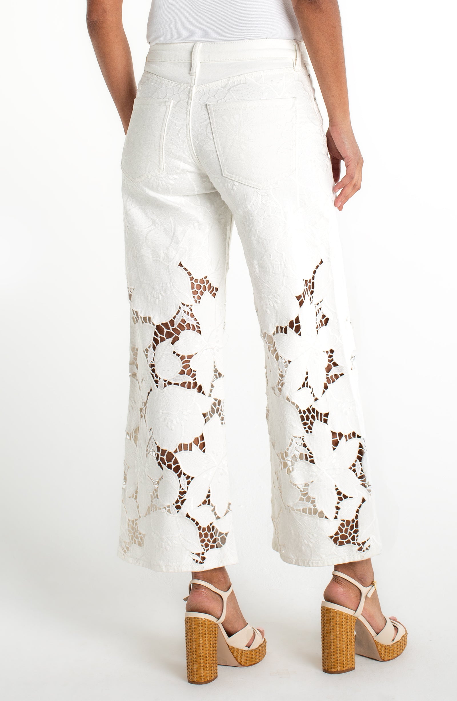 Liverpool Stride Wide Leg Jeans with Floral Cutwork- Ivory Bloom at ooh la la! in Grapevine TX 76051