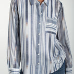 Liverpool Los Angeles, chambray shirt, striped button down, women's white stripe top, long sleeve work shirt, back seaming blouse, breathable cotton shirt, designer casual tops. at ooh la la! in Grapevine TX 76051