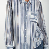 Liverpool Los Angeles, chambray shirt, striped button down, women's white stripe top, long sleeve work shirt, back seaming blouse, breathable cotton shirt, designer casual tops. at ooh la la! in Grapevine TX 76051