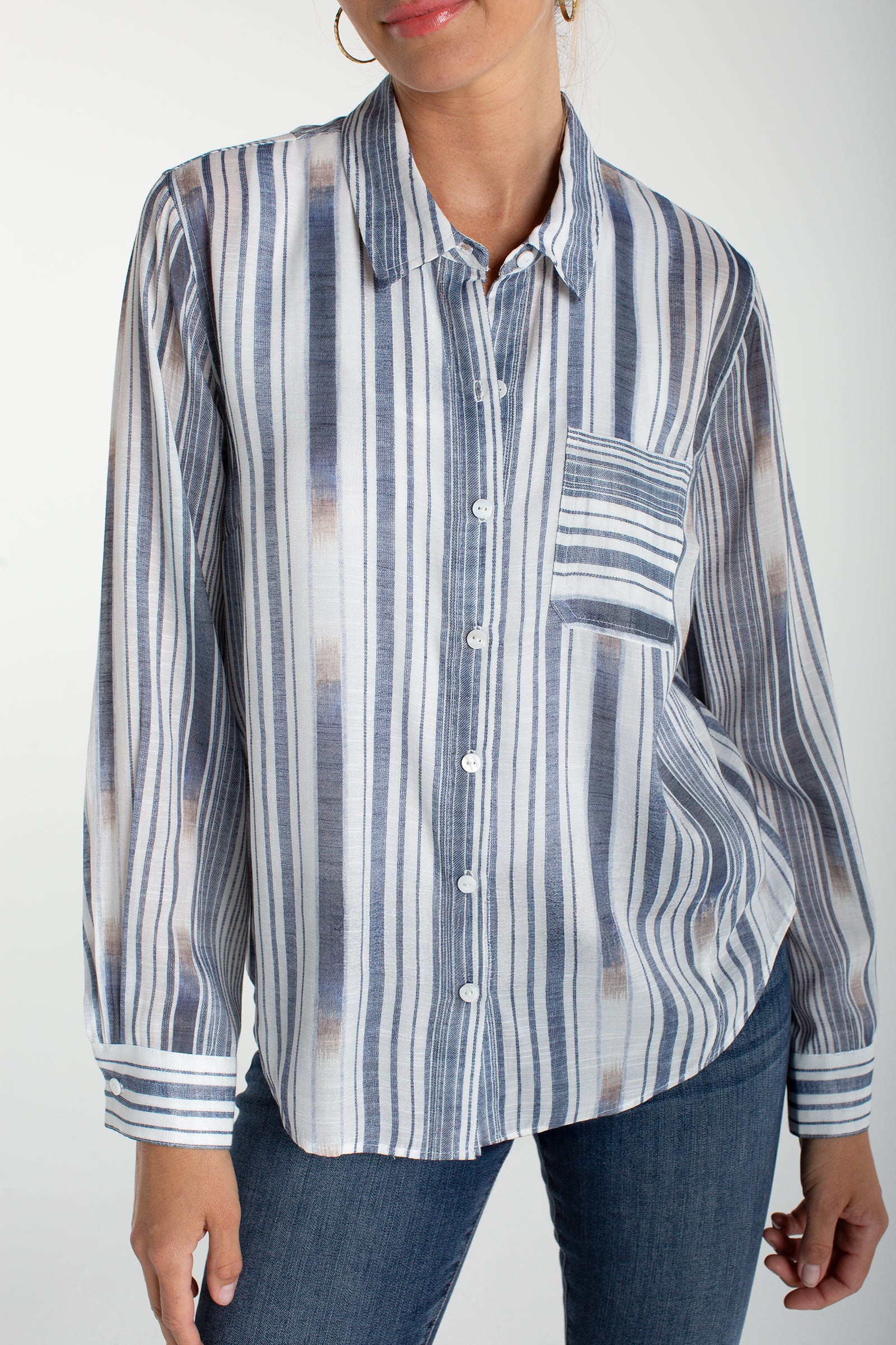 Liverpool Los Angeles, chambray shirt, striped button down, women's white stripe top, long sleeve work shirt, back seaming blouse, breathable cotton shirt, designer casual tops. at ooh la la! in Grapevine TX 76051