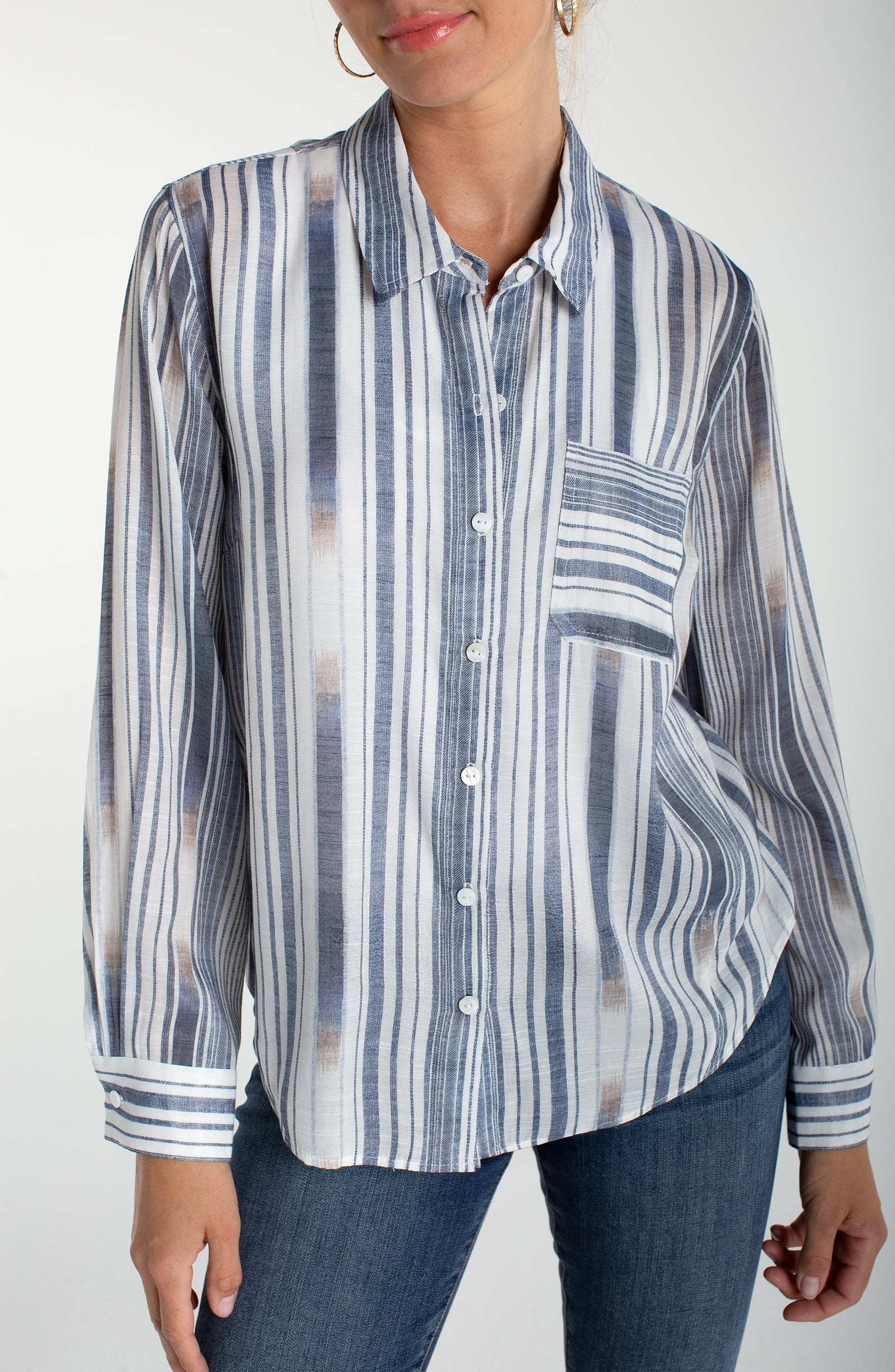 Liverpool Los Angeles, chambray shirt, striped button down, women's white stripe top, long sleeve work shirt, back seaming blouse, breathable cotton shirt, designer casual tops. at ooh la la! in Grapevine TX 76051