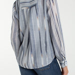 Liverpool Los Angeles, chambray shirt, striped button down, women's white stripe top, long sleeve work shirt, back seaming blouse, breathable cotton shirt, designer casual tops. at ooh la la! in Grapevine TX 76051