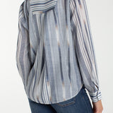 Liverpool Los Angeles, chambray shirt, striped button down, women's white stripe top, long sleeve work shirt, back seaming blouse, breathable cotton shirt, designer casual tops. at ooh la la! in Grapevine TX 76051