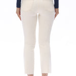 Off-white jeans, mid-rise straight leg, raw hem denim, women’s stretch jeans, cropped straight jeans, white denim trousers, chic casual wear. at ooh la la in Grapevine TX 76051