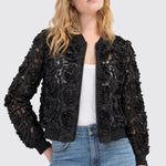 Liverpool black rosette bomber jacket styled with white tank and blue jeans on model