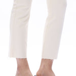 Off-white jeans, mid-rise straight leg, raw hem denim, women’s stretch jeans, cropped straight jeans, white denim trousers, chic casual wear. at ooh la la in Grapevine TX 76051