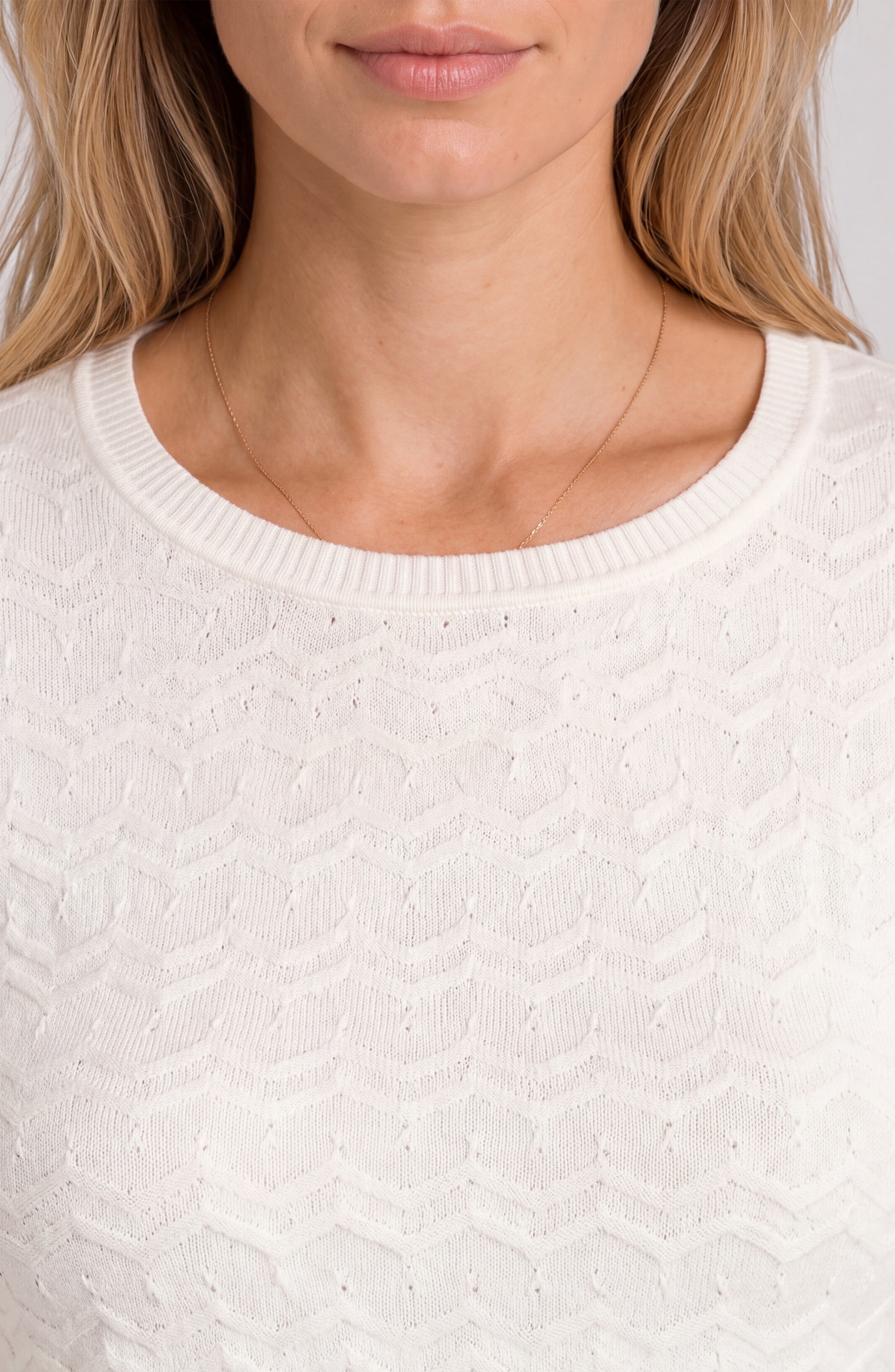 Liverpool 3/4 Sleeve Crew Neck Zig Zag Knit Sweater in french vanilla at ooh la la in Grapevine TX 76051