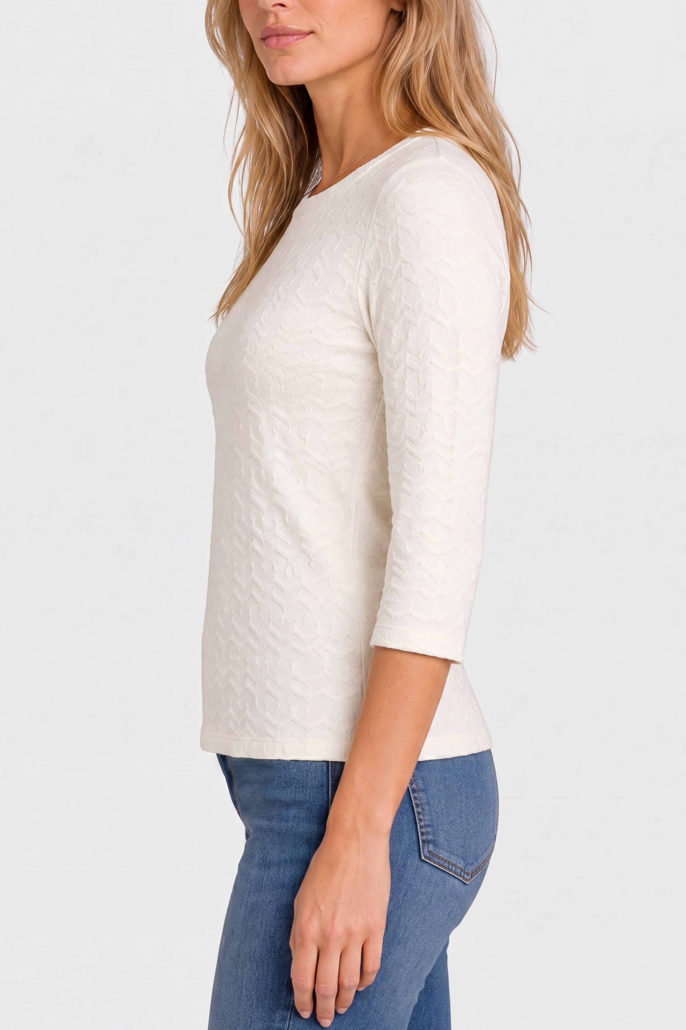 Liverpool 3/4 Sleeve Crew Neck Zig Zag Knit Sweater in french vanilla at ooh la la in Grapevine TX 76051