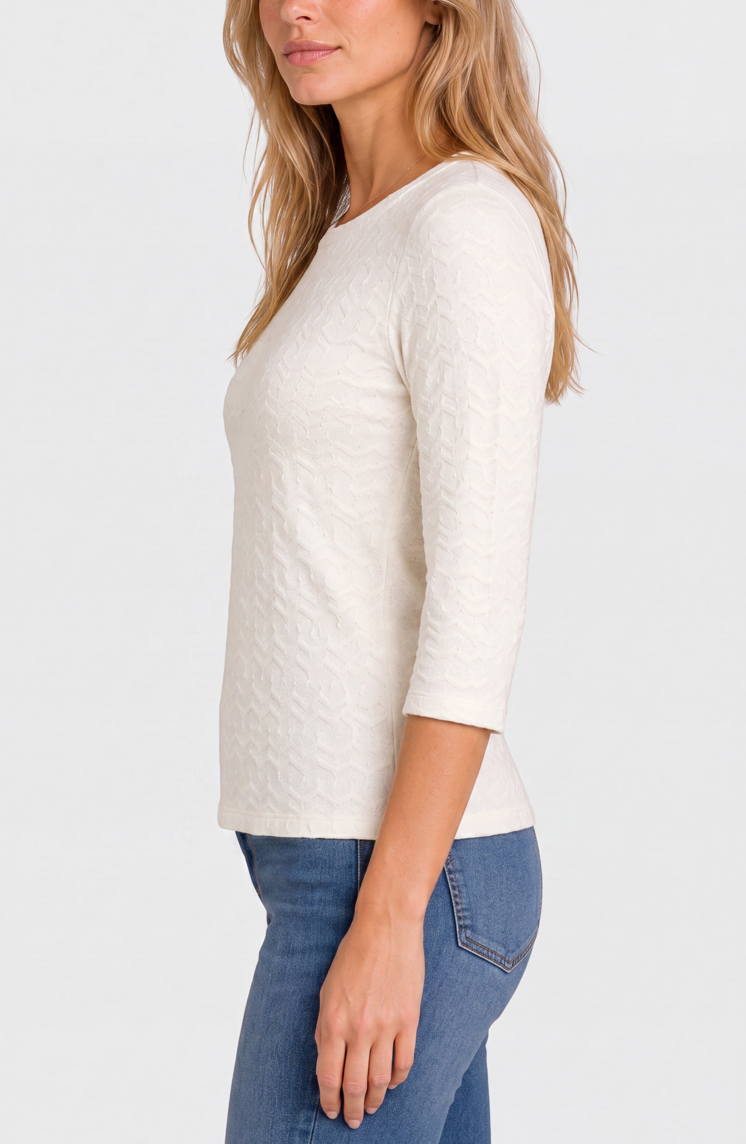 Liverpool 3/4 Sleeve Crew Neck Zig Zag Knit Sweater in french vanilla at ooh la la in Grapevine TX 76051