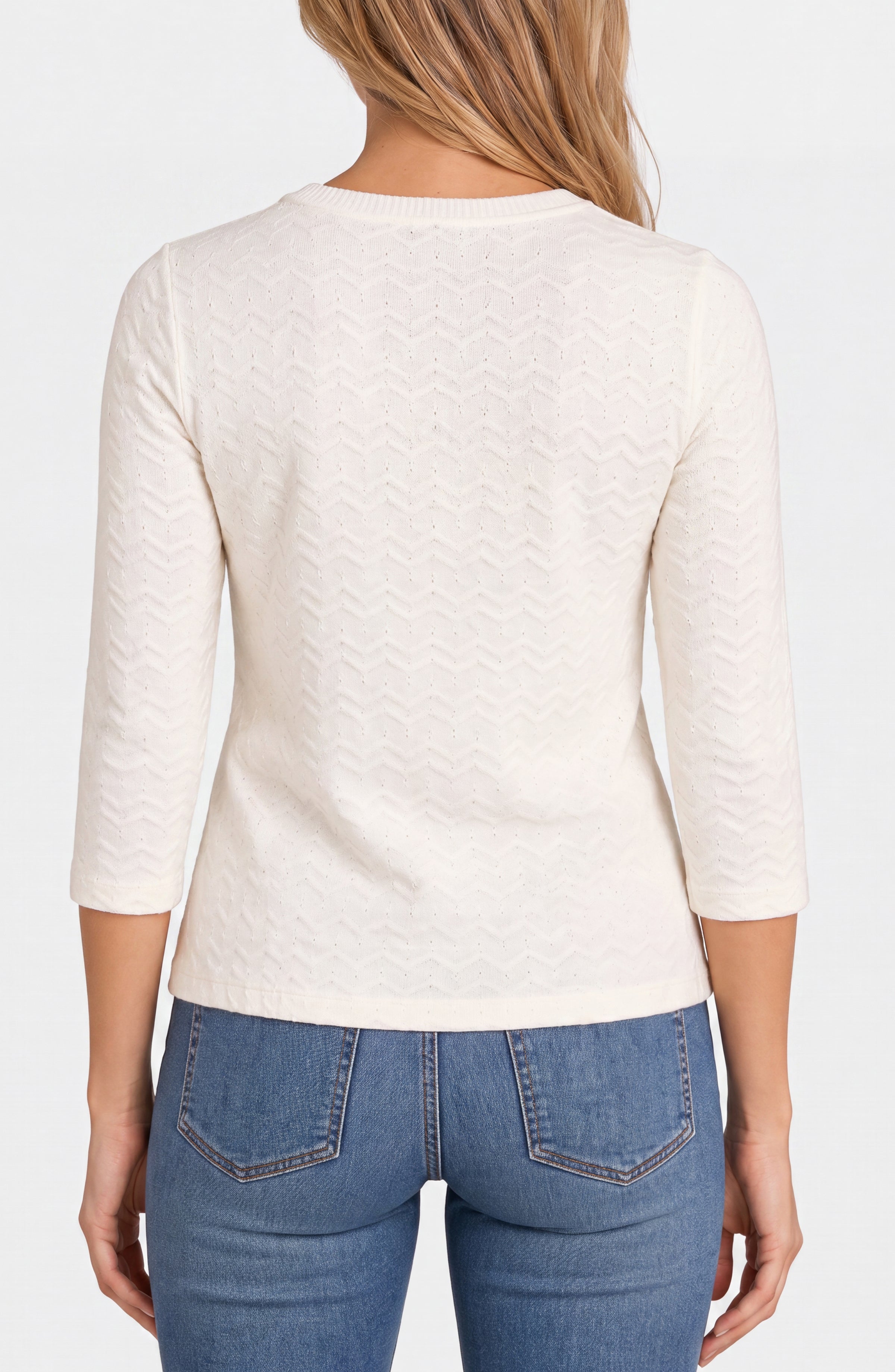 Liverpool 3/4 Sleeve Crew Neck Zig Zag Knit Sweater in french vanilla at ooh la la in Grapevine TX 76051