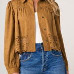 Liverpool Puff Sleeve Faux Suede Jacket with Laser Cut Hem at ooh la la! in Grapevine TX 76051