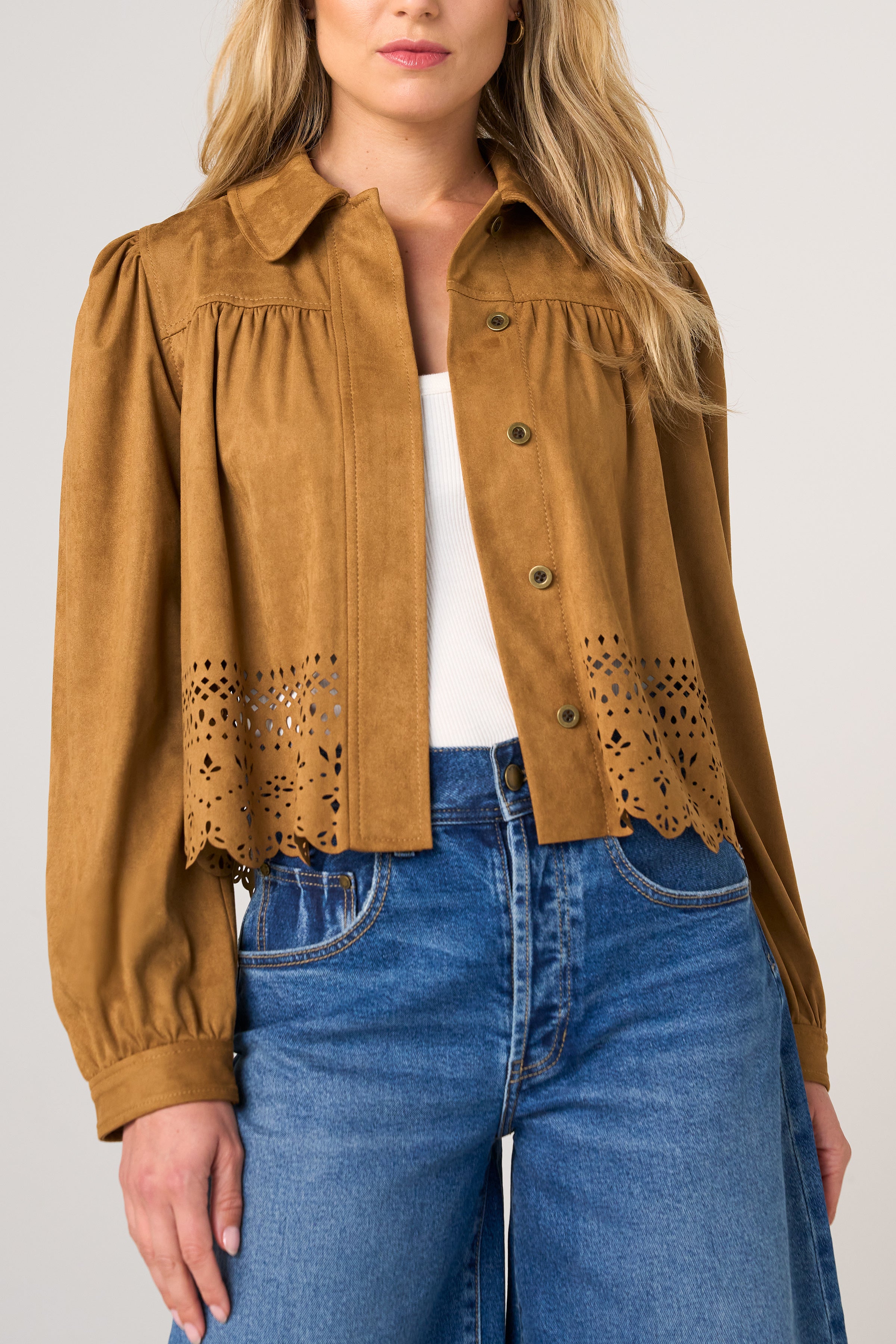 Liverpool Puff Sleeve Faux Suede Jacket with Laser Cut Hem at ooh la la! in Grapevine TX 76051