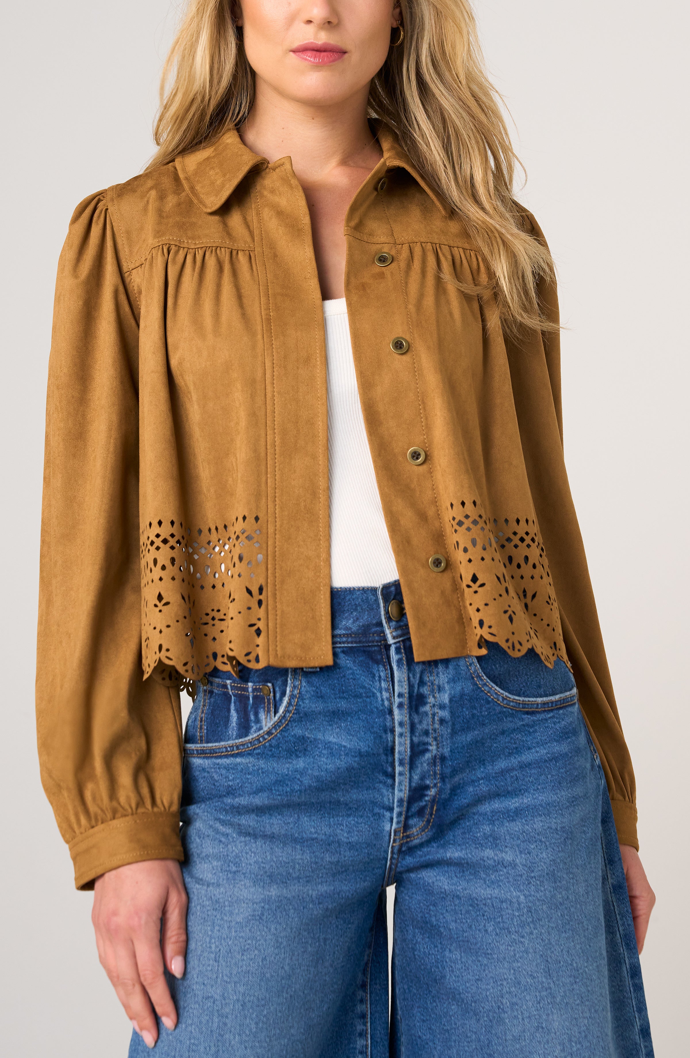 Liverpool Puff Sleeve Faux Suede Jacket with Laser Cut Hem at ooh la la! in Grapevine TX 76051